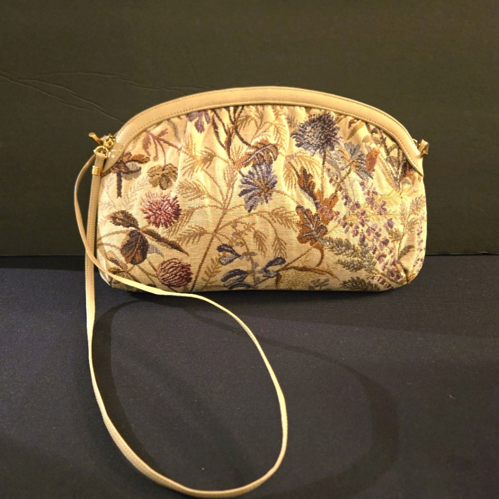 Vintage Morris Moskowitz Floral Tan Tapestry Crossbody Shoulder Bag Bohemian